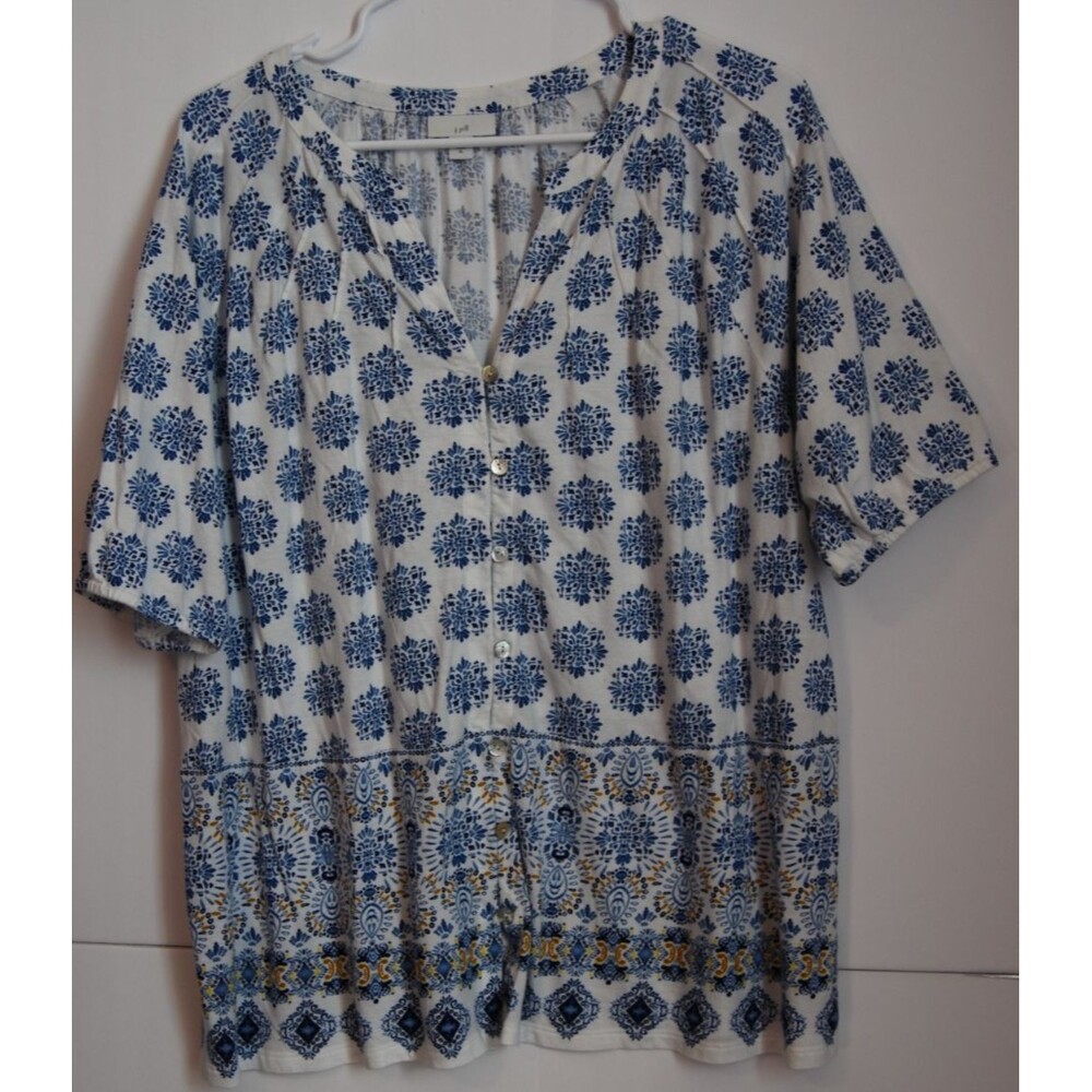 J Jill Women's Blue Paisley Floral Blouse 1/2 Sleeve V Neck XLarge Buttons